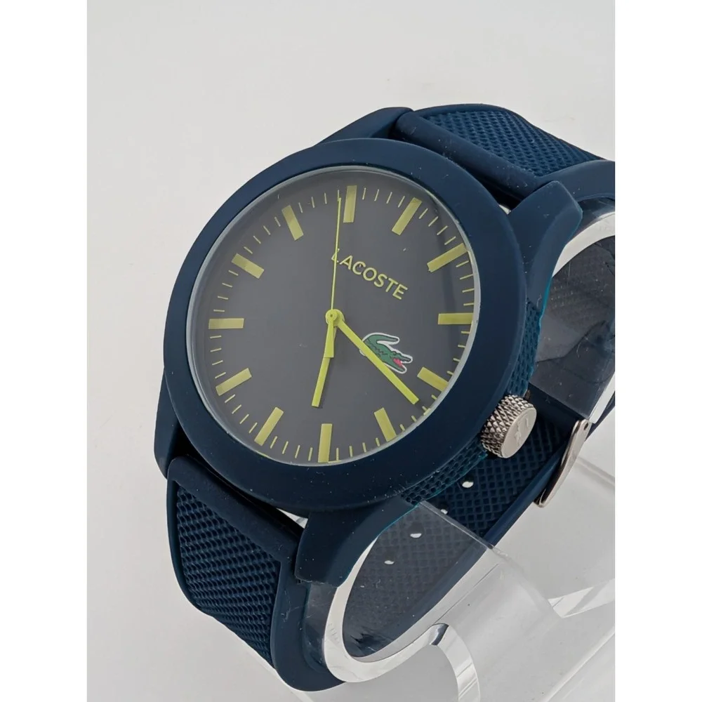 Lacoste Watch Men 43mm Case Navy Blue Textured Silicone Band- New Battery